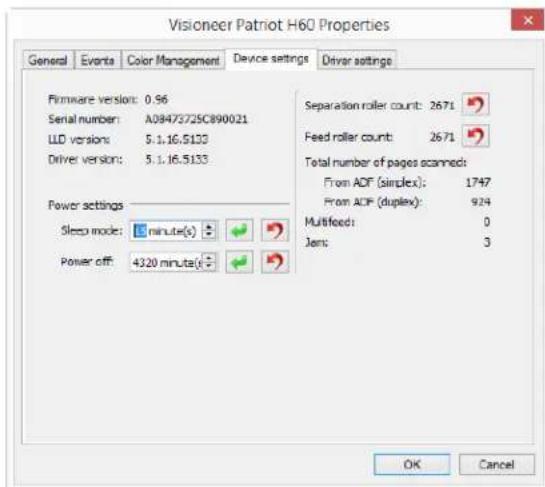 Visioneer Patriot H60 Properties General Events Color Management Device settings Driver settings Firmware version: 0.96 Serial number: A08473725C890021 LLD version: 5.1.16.5133 Driver version: 5.1.16.5133 Power settings Sleep mode: minute(s) Power off: 4320 minute(s) Separation roller count: 2671 Feed roller count: 2671 Total number of pages scanned: From ADF (simplex): 1747 From ADF (duplex): 924 Multifold: 0 Jens: 3 OK Cancel
