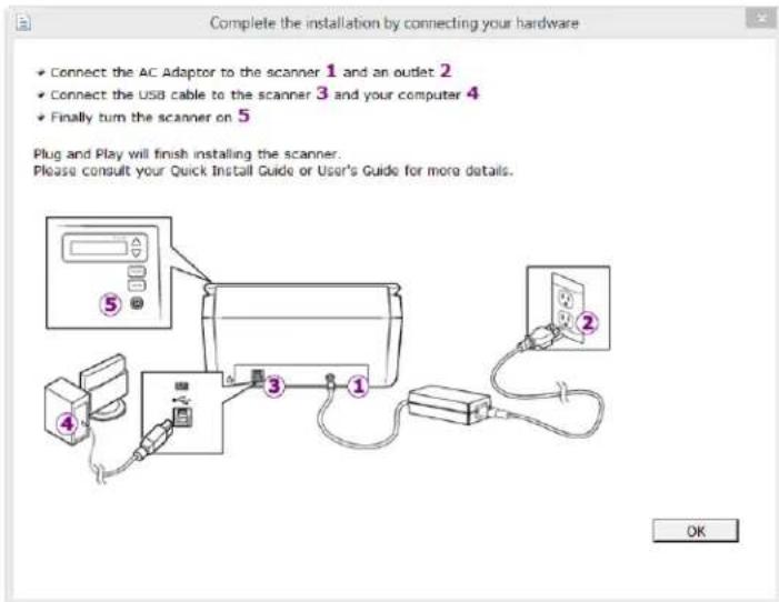 Complete the installation by connecting your hardware • Connect the AC Adaptor to the scanner 1 and an outlet 2 • Connect the USB cable to the scanner 3 and your computer 4 • Finally turn the scanner on 5 Plug and Play will finish installing the scanner. Please consult your Quick Install Guide or User's Guide for more details. OK