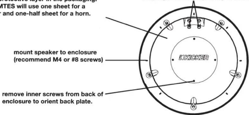 MTES will use one sheet for a and one-half sheet for a horn. mount speaker to enclosure (recommend M4 or #8 screws) remove inner screws from back of enclosure to orient back plate. KIKICKER