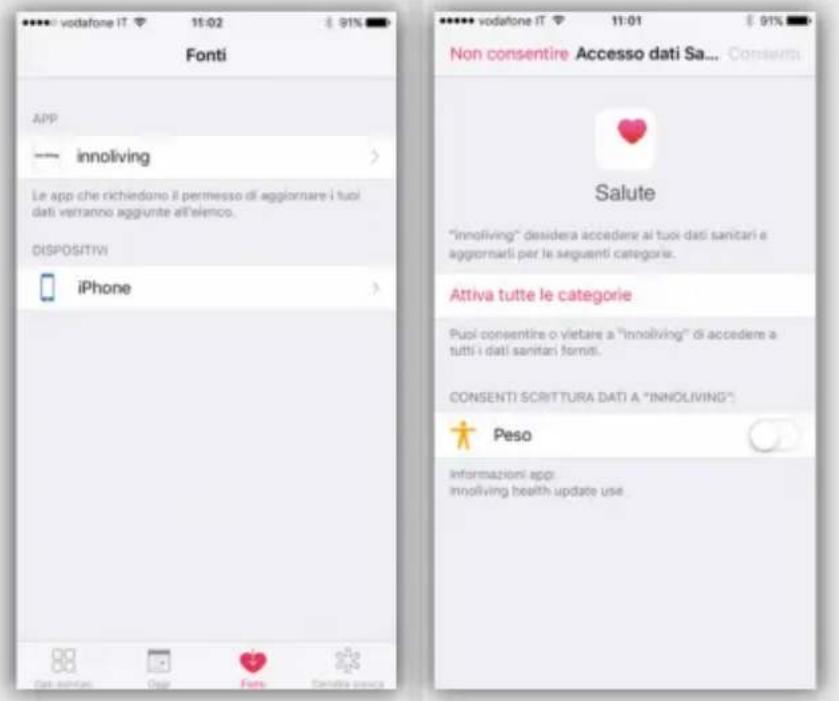 Fonti APP involiving Le app che richiedono il permesso di aggiornare i tuoi dati verranno aggiunte all'silenco. DISPOSITIVI iPhone Non consentire Accesso dati Sa... Consenti Salute "innoliving" desidera accedere ai tuoi dati sanitari e aggornarti per le seguenti categorie. Attiva tutte le categorie Puoi consentire o vietare a "innoliving" di accedere a tutti i dati sanitari forniti. CONSENTI SCRITTURA DATI A "INNOLIVING". Peso informazioni app: involiving health update use