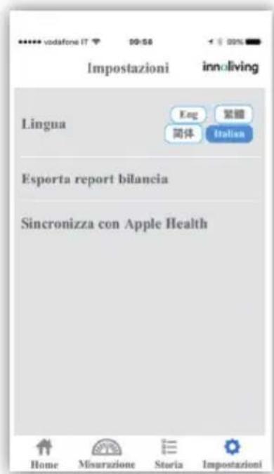 Impostazioni innoliving Lingua Keg 紧鎖 同体 Italian Esporta report bilancia Sincronizza con Apple Health Home Misurazione Storia Impostazioni