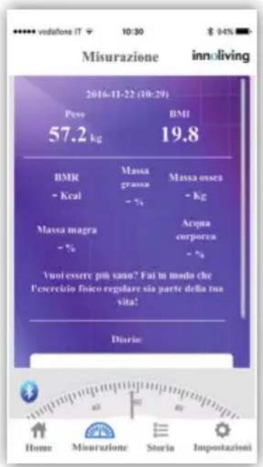 MISURAZIONE innoliving 2016-11-22 (10:29) Peso 57.2 kg BMI 19.8 BMR - Kral Massa grassa -% Massa ossa -% Massa magra -% Acqua corporca -% Vuoi essere più sano? Fat in modo che l'ecercizio fisico regolare sia parte della tua vita! Diario Home Minurazione Storia Impostazioni