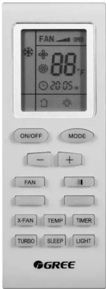 FAN OPER 88°F 20:05 ON ON/OFF MODE - + FAN X-FAN TEMP TIMER TURBO SLEEP LIGHT GREE