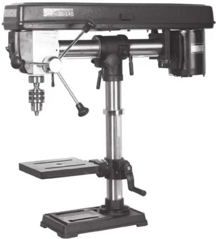 Black-and-white photo of a DRLD drill press machine with adjustable shaft and base (no visible text or symbols)