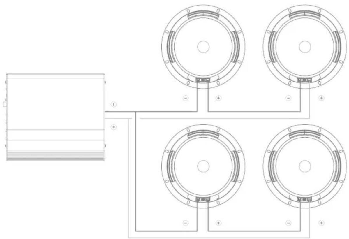 Technical diagram showing a mechanical or electrical component connected to four circular components with polarity indicators.