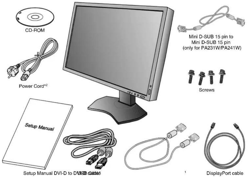 CD-ROM Power Cord*2 Mini D-SUB 15 pin to Mini D-SUB 15 pin (only for PA231W/PA241W) Screws Setup Manual Setup Manual DVI-D to DVUSB cable DisplayPort cable