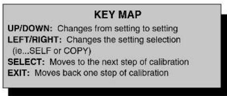 KEY MAP UP/DOWN: Changes from setting to setting LEFT/RIGHT: Changes the setting selection (ie...SELF or COPY) SELECT: Moves to the next step of calibration EXIT: Moves back one step of calibration