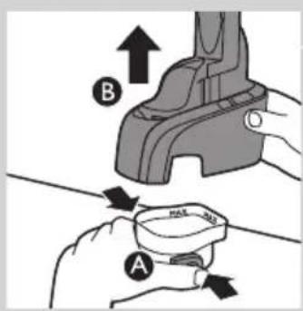 Diagram showing two hands operating a mechanical device labeled A and B, with arrows indicating motion or assembly steps.