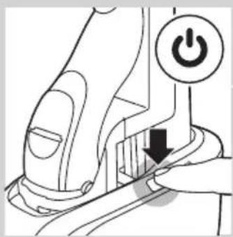 Diagram showing a hand pressing a button labeled 'Power' with an arrow indicating downward motion