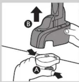Diagram showing two hands operating a mechanical device labeled A and B, with arrows indicating motion or assembly steps.