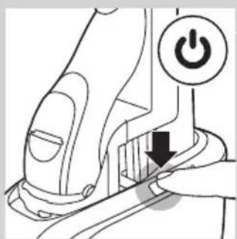 Diagram showing a hand pressing a button on a device with an 'Power' icon, indicating action or operation.