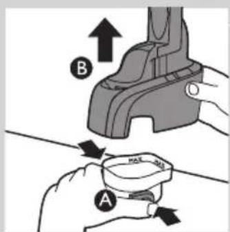 Diagram showing two hands operating a tool labeled A and B, with arrows indicating direction of movement or change.