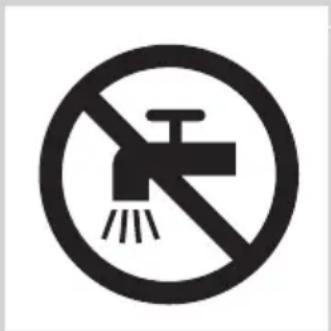 Prohibition sign indicating no fire or water discharge, featuring a faucet symbol with diagonal lines and a showerhead.