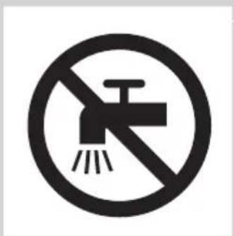 Prohibition sign with a faucet symbol and diagonal line, indicating no fire or water discharge.