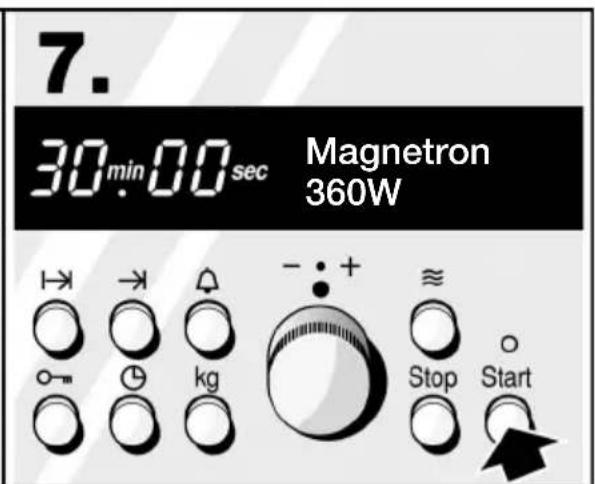 7. 30 min 00 sec Magnetron 360W kg - : + ≈ Stop Start