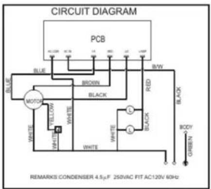 CIRCUIT DIAGRAM PCB AC120V AC 36 A4 BBD LA LWP BLUE BROWN MOTOR WHITE YELLOW WHITE WHITE BLACK B/W RED BLACK BODY GREEN REMARKS CONDENSER 4.5μF 250VAC FIT AC120V 60Hz