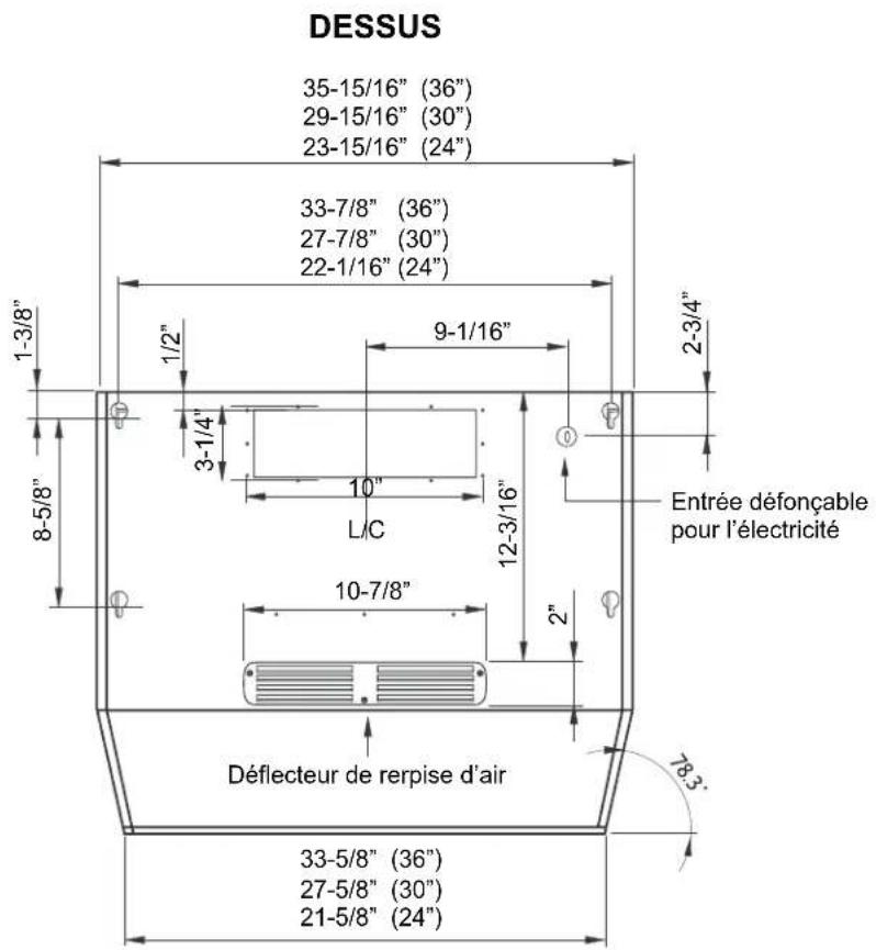 DESSUS 35-15/16" (36") 29-15/16" (30") 23-15/16" (24") 33-7/8" (36") 27-7/8" (30") 22-1/16" (24") 1-3/8" 1/2" 9-1/16" 2-3/4" 3-1/4" 10" L/C Entrée défonçable pour l'électricité 10-7/8" 2" Déflecteur de rerpise d'air 78.3" 33-5/8" (36") 27-5/8" (30") 21-5/8" (24")
