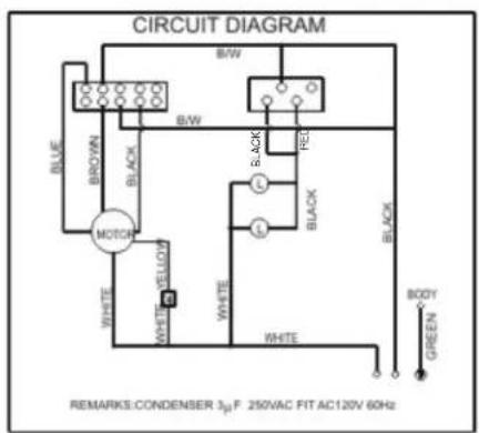 CIRCUIT DIAGRAM B/W BLUE BROWN BLACK MOTOM WHITE YELLOW WHITE YELLOW BLACK FEL L L L WHITE BODY GREEN REMARKS:CONDENSER 3μF 250VAC FIT AC120V 60Hz