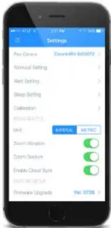 Settings Play Device Zoom-80 600072 > Workout Setting Next Setting Sleep Setting Celbration Unit METAL METRC Zoom Vibration Zoom Gesture Enable Cloud Sync EVALE SEUR Firmware Upgrade Wt. 0728 >