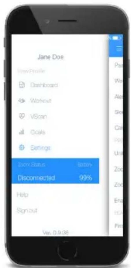 Jane Doe View Profile Dashboard Workout VScan Costs Settings Zoom Status Battery Disconnected 99% Help Sign out Var. 0.0.36
