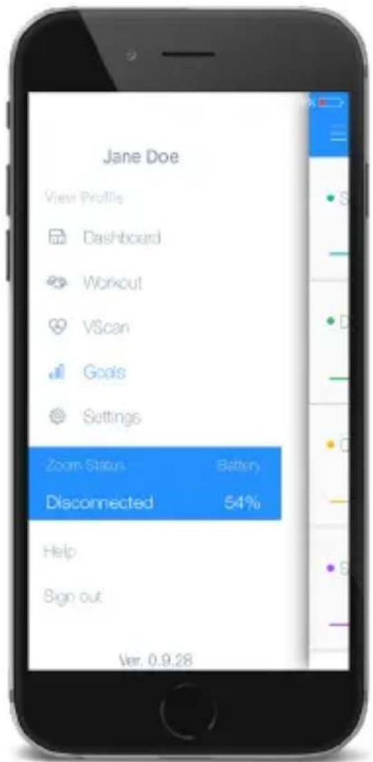 Jane Doe View Profile Dashboard Workout VScan Goals Settings Zoom Status Battery Disconnected 54% Help Sign out Ver. 0.9.28