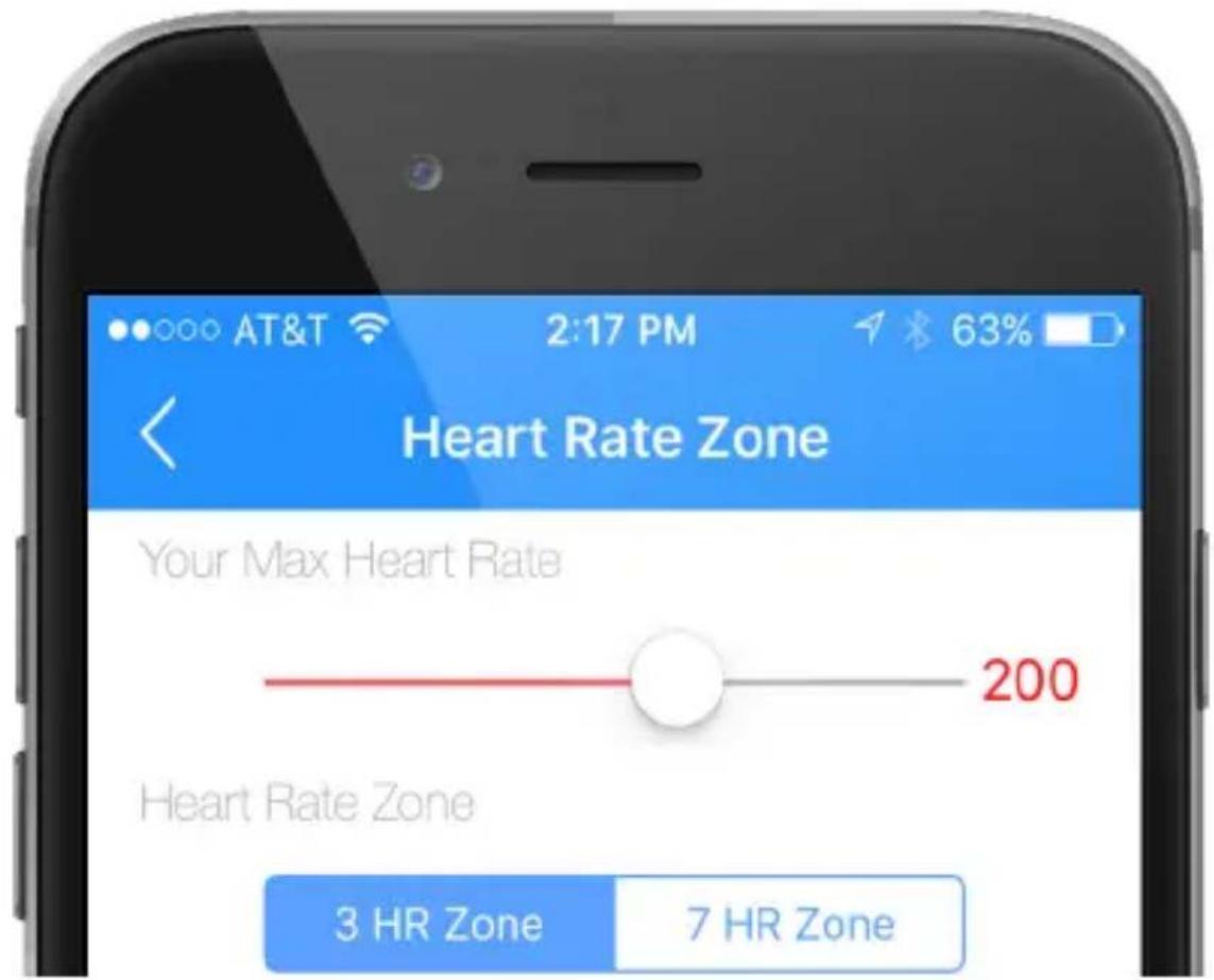 AT&T 2:17 PM 63% Heart Rate Zone Your Max Heart Rate 200 Heart Rate Zone 3 HR Zone 7 HR Zone