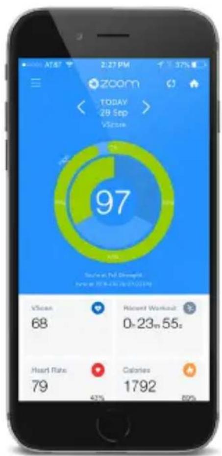 2:27 PM zoom TODAY 28 Sep VScore 97 Previous Post-Weekend June 2018-04-26 (0:30:34) VScan 68 Recent Workout 0-23m 55s Heart Rate 79 Calories 1792 42% 80%