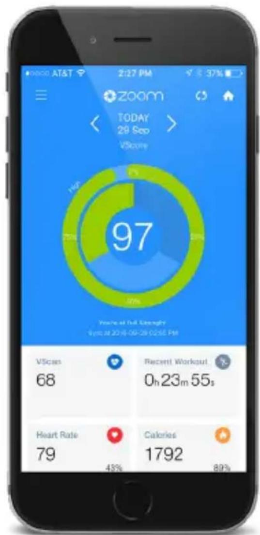 VScore 97 Years at Full Caregaly Sync 2016-09-29 02:55 PM VScan 68 Recent Workout 0h 23m 55s Heart Rate 79 43% Calories 1792 89%