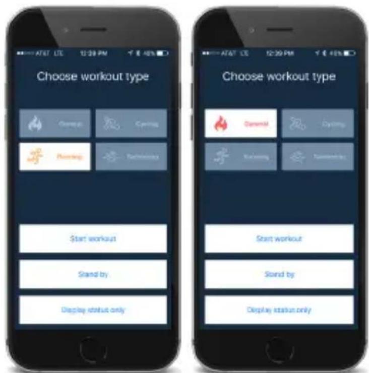 Choose workout type Start workout Stand by Display status only Choose workout type Start workout Stand by Display status only