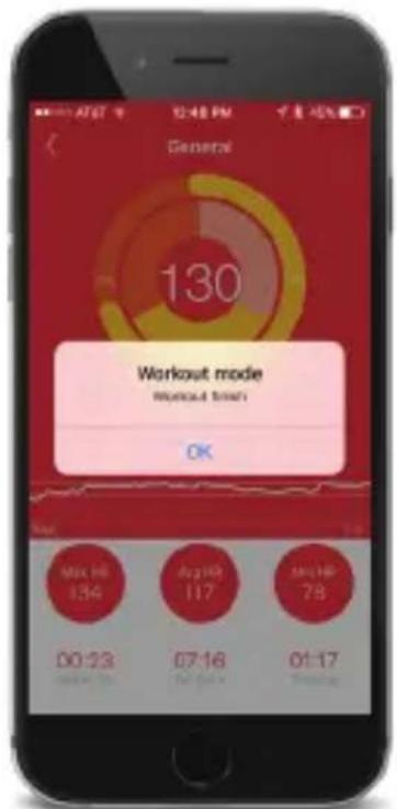 General 130 Workout mode Moodcut finish OK Mix HB 134 00:23 Avg HB 117 07:16 Mix HB 78 01:17