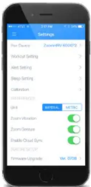 Settings Park Device ZozoneHRV 600072 Workout Setting Alert Setting Sleep Setting Calibration MISCELLANEOLOGY Unit BIPIDUAL METRIC Zoom Vibration Zoom Gesture Enable Cloud Bytes RANKING SETUP Firmware Upgrade Ver. 0708