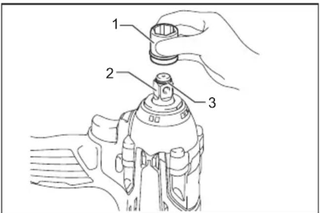 Technical diagram showing a hand holding a mechanical component with numbered parts labeled 1, 2, and 3.