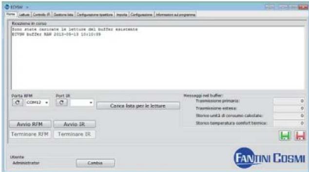 FANTINI COSMI Porta RFM Port IR Cance lista per le letture COM12 Avvio RFM Avvio IR Terminare RFM Terminare IR Numero: state esistuate le letture del buffer esistente EC70M buffer RM 2013-08-13 10:10:59 Messaggi net buffer: Transmissione primaria: 0 Transmissione estesa: 0 Storso unit3 di consumo calcolate: 0 Storso temperatura comfort termico: 0 Cliente Administrator Camba