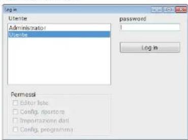Utente Administrator Utente password Log in Permessi Editor lote Config. ipartora Importazione dati Config. programma