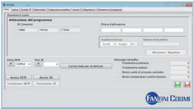 FANTINI COSMI Attivazione del programma ID Computer OBBA F8016 F7DA6 Chiare d'attivazione Scadenza licenza: kono8 13 meglio 201 - Numero di ripartitori: Attivazione - Ripartition Porta RFM Port IR Carica lista per le letture Com12 Avvio RFM Avvio IR Messaggi nel buffer: Trassezione primaria: 0 Trassezione escece: 0 Storico unita di consumo calcolate: 0 Storico temperatura comfort termico: 0 Terminare RFM Terminare IR