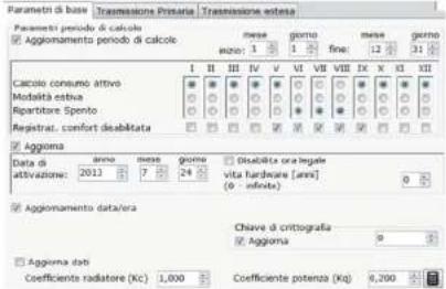 Parametri di base Passivee Pristria Passivee entata Parametri periodo di calcio Aggiornamento periodo di calcio mese giorno 1 2 3 4 5 6 7 8 9 10 11 12 13 14 15 16 17 18 19 20 21 I II III IV V VI VII IX X II XII Calcio consume attivo Modalità estiva Ripartire Spento Registrar. confort disabilità Aggioma Data di attivazione: 2013 anno meso giorno disabilita ora legale vita hardware [area] (0 - infinito) Aggiornamento data/era Chiave di crittografia Aggioma Aggioma dati Coefficiente radiatore (Kc) 1,000 Coefficiente potenza (Kg) 8,200