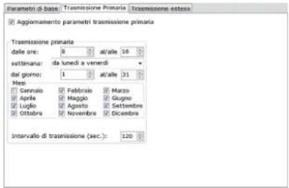 Parametri di base: Transmissione Prinaria: Transmissione estessa Aggiornamento parametri trasmissione primaria Transmissione primaria dalle ore: 8 at/alle 16 settimana: da lunedì a venerdì dal giorno: 1 at/alle 31 Mesi Gennaio Febbraio Marzo Apelle Maggio Giugno Luglio Agosto Settembre Ottobre Novembre Dicembre Intervallo di trasmissione (sec.): 120