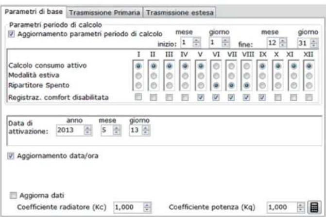 Parametri di base Trasmissione Primaria Trasmissione estesa Parametri periodo di calcolo ✓ Aggiornamento parametri periodo di calcolo mese giorno mese giorno inizio: 1 1 fine: 12 31 I II III IV V VI VII VIII IX X XI XII Calcolo consumo attivo Modalità estiva Ripartitore Spento Registraz. comfort disabilitata ✓ Aggiornamento data/ora Data di anno mese giorno attivazione: 2013 5 13 ✓ Aggiorna dati Coefficiente radiatore (Kc) 1,000 Coefficiente potenza (Kq) 1,000