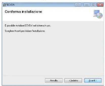 Conferma installazione E possibile installare EQISW net sistema in use. Scopolare Avanti per initiare Installazione. Annulata