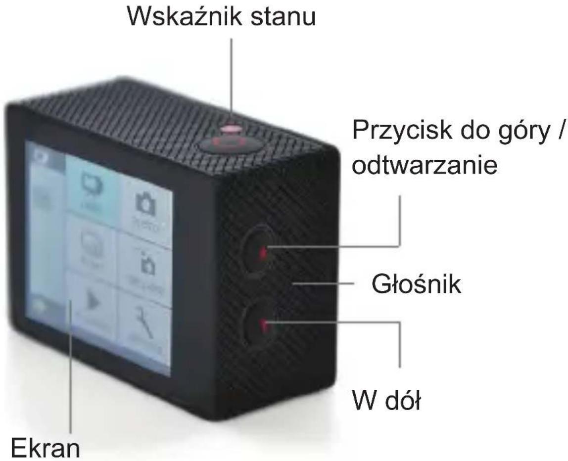 Wskaźnik stanu Przycisk do góry / odtwarzanie Głośnik W dół Ekran