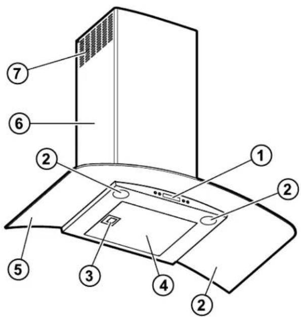 Labeled diagram of a kitchen chimney with numbered parts for identification