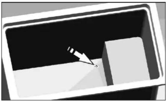 Simple 3D diagram of a container with an arrow pointing to a small object inside (no text or symbols)
