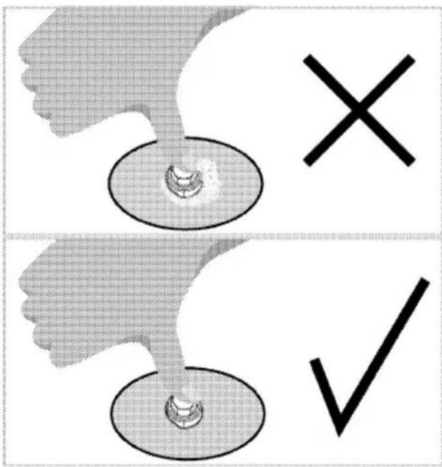 Diagram showing two hands holding a circular object with a cross and checkmark, likely illustrating a verification or approval process.