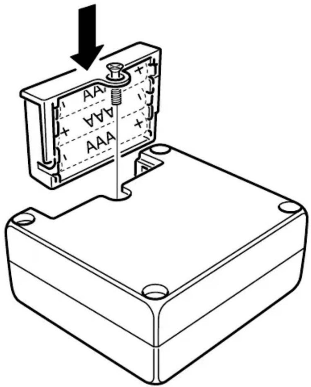 Technical diagram showing a battery assembly with labeled components and an arrow indicating downward motion.