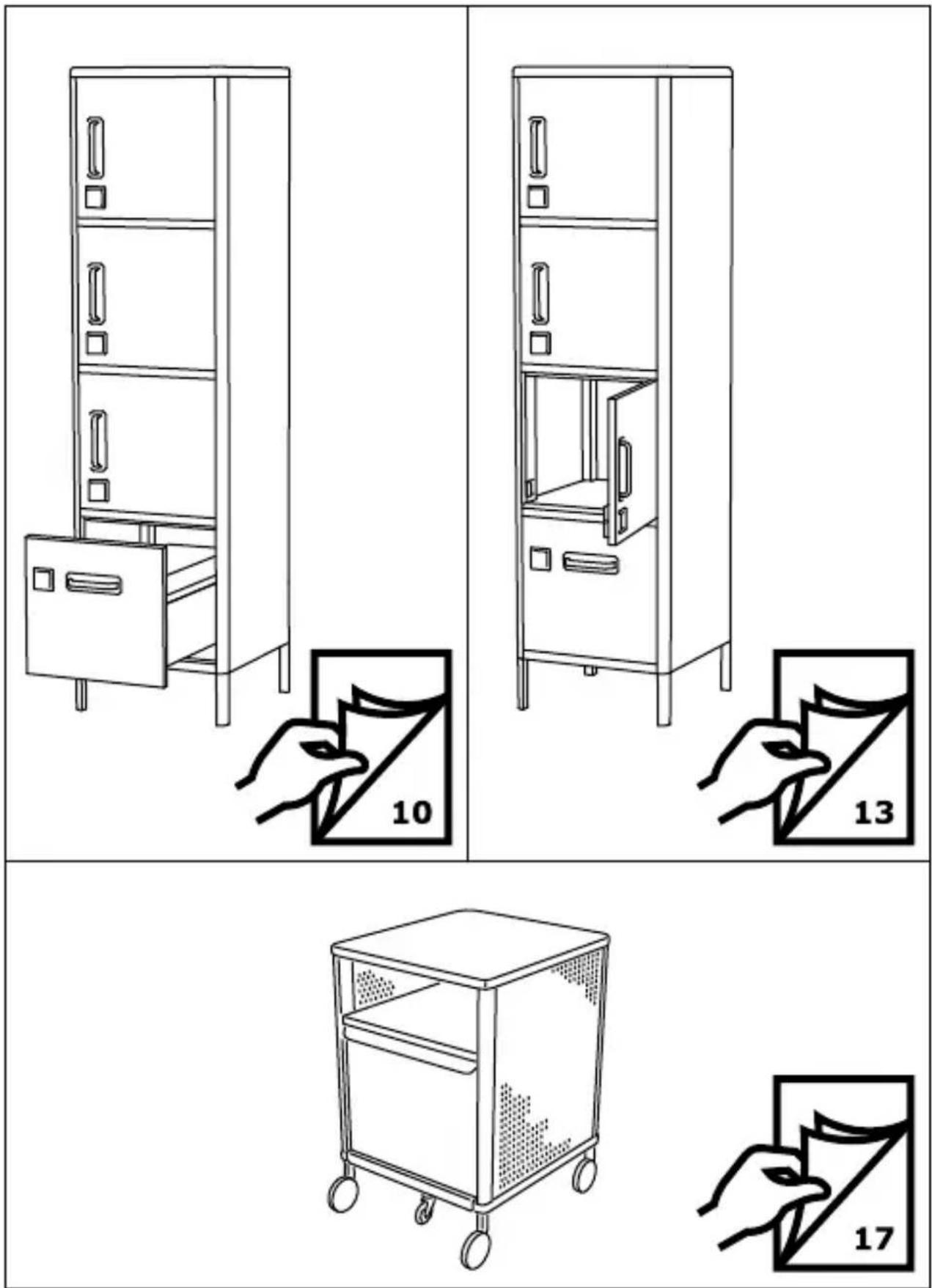 Diagram showing three different arrangements of furniture items with numbered labels (10, 13, 17) indicating folding or positioning instructions.