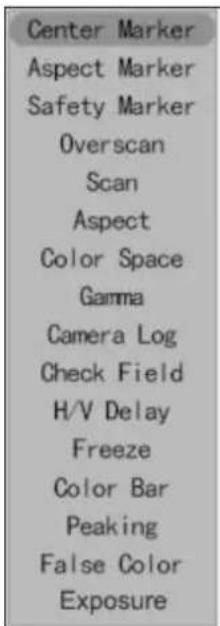 Center Marker Aspect Marker Safety Marker Overscan Scan Aspect Color Space Gamma Camera Log Check Field H/V Delay Freeze Color Bar Peaking False Color Exposure