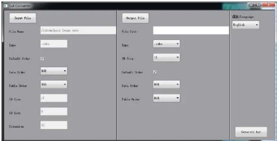 Lud Converter Input File File Name /ColourSpace Image cube Type :cube Default Order ✓ Data Order RGB Table Order RGB 13 Size 27 13 Size 0 Dimension 40 Output File File Path: Type :cube 5D Size 17 Default Order ✓ Data Order RGB Table Order RGB 语言/Language English Generate List