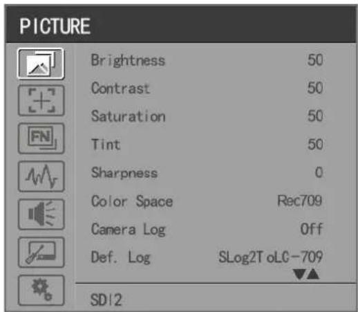 PICTURE Brightness 50 Contrast 50 Saturation 50 Tint 50 Sharpness 0 Color Space Rec709 Camera Log Off Def. Log SLog2ToLC-709 SD/2