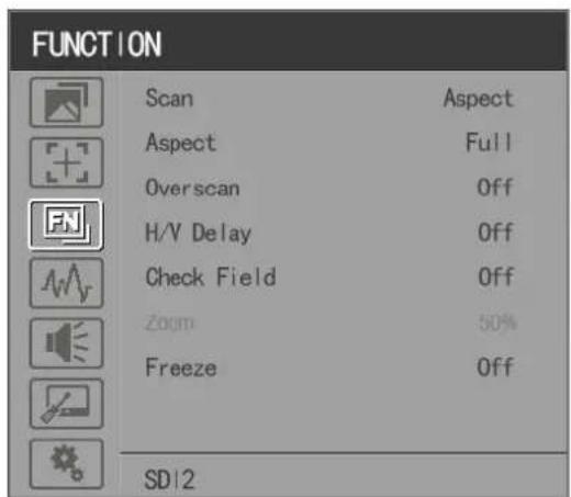 FUNCTION Scan Aspect Aspect Full Overscan Off H/V Delay Off Check Field Off Zoom 50% Freeze Off SD12