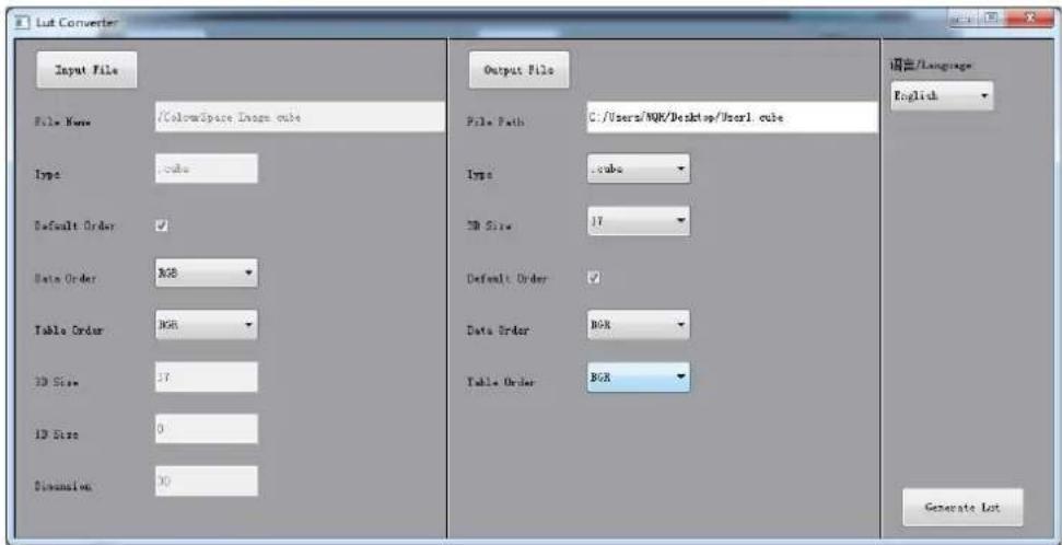 Lut Converter Input File File Name /ColourSpace Image cube Type :cube Default Order ✓ Data Order RGB Table Order RGB 3D Size 17 ID Size 0 Dimension 30 Output File File Path C:/Users/WOK/Desktop/User1 .cube Type :cube 3D Size 17 Default Order ✓ Data Order RGB Table Order RGB 语言/Language English Generate Lot